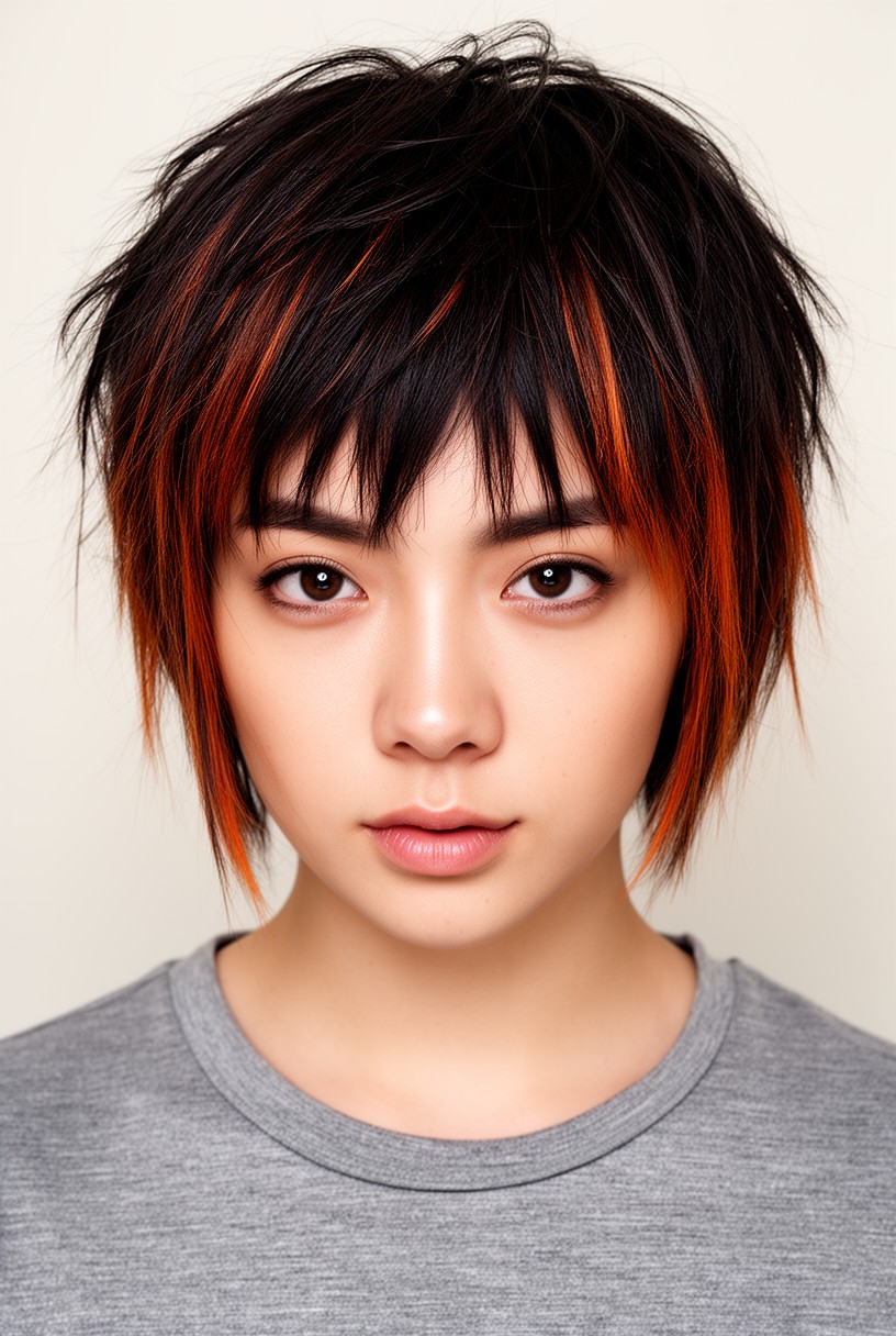 Femme avec un wolf cut, version plus courte et effilée du shag