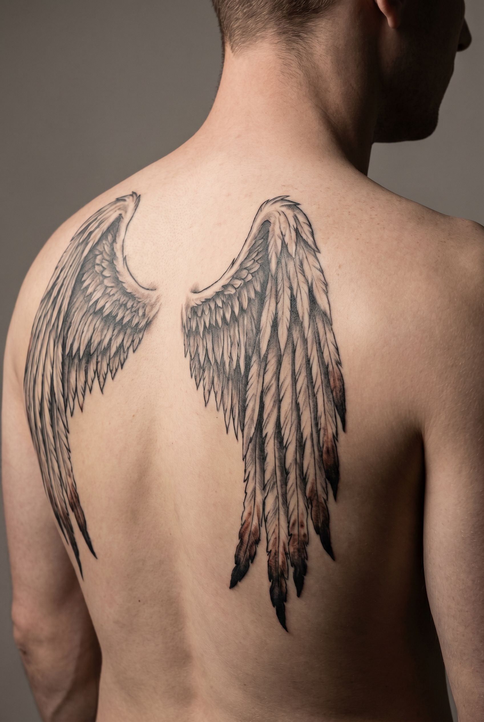 Tatouage d'ailes d'ange brûlées en hommage à Castiel sur l'omoplate