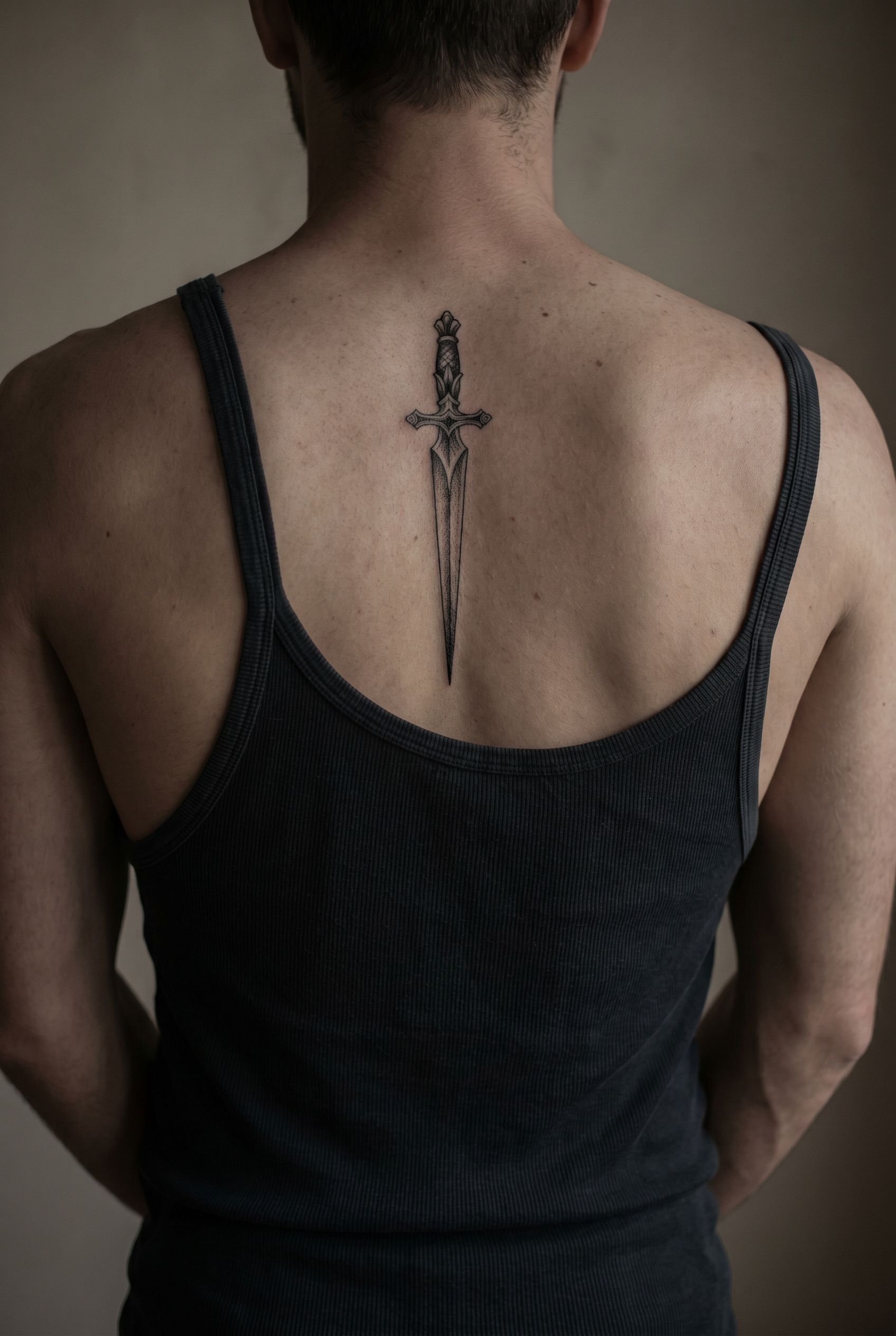 Tatouage graphique d'une lame anti-démon inspirée de Supernatural le long de la colonne
