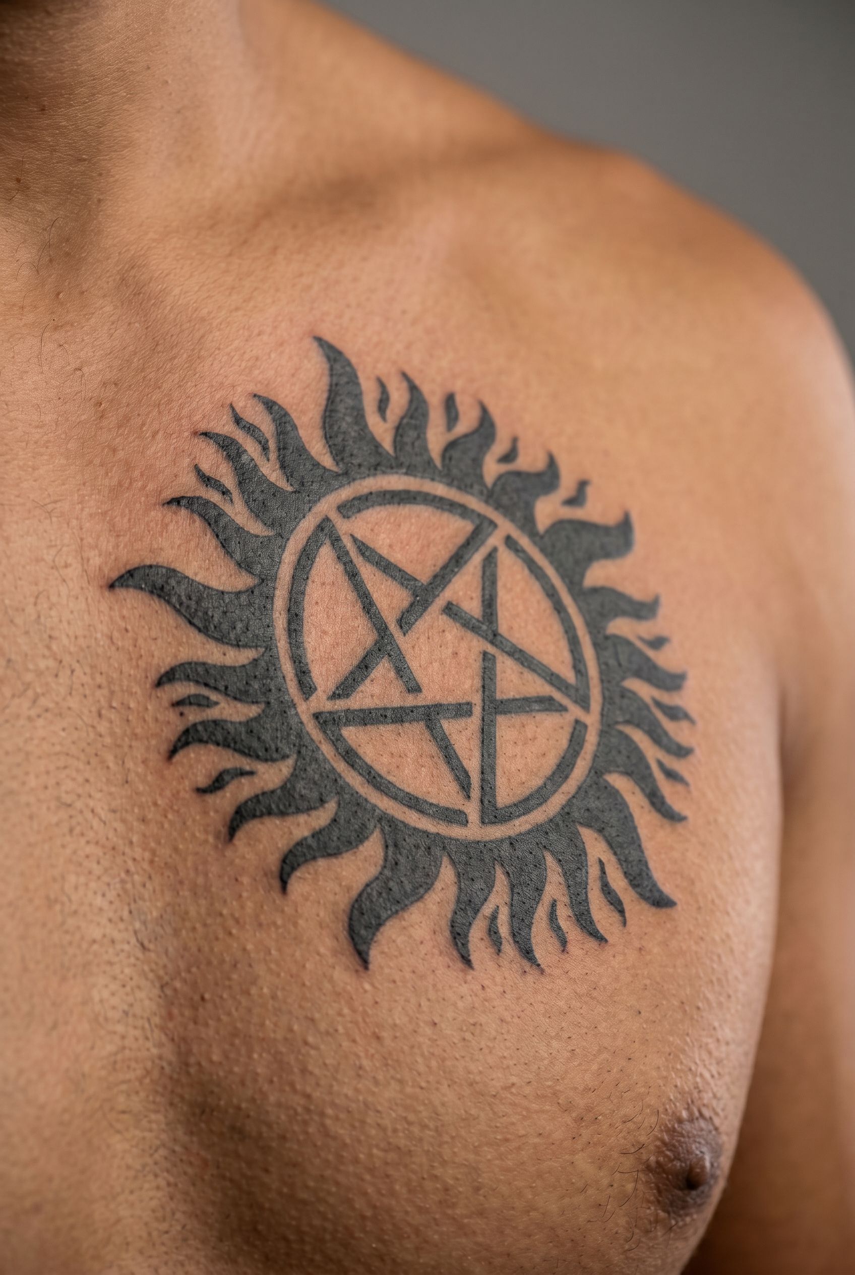 Tatouage du symbole anti-possession Supernatural sur le haut de la poitrine