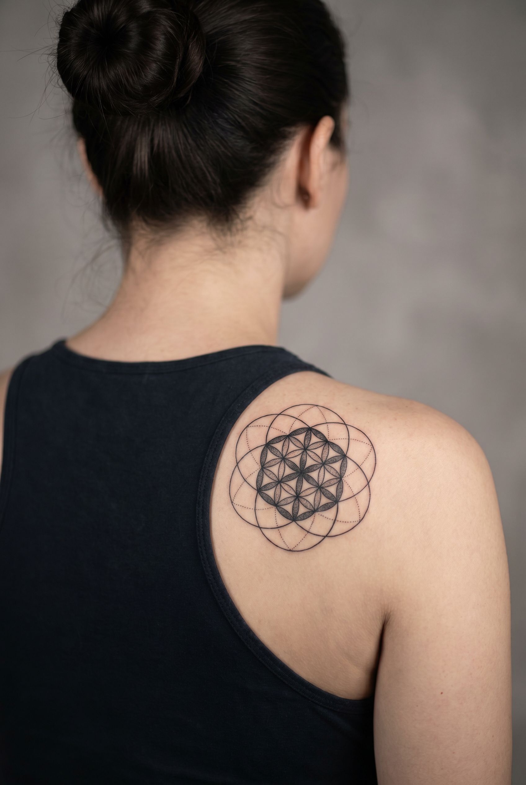 Tatouage de geometrie sacree aux formes entrelacees sur le haut du dos