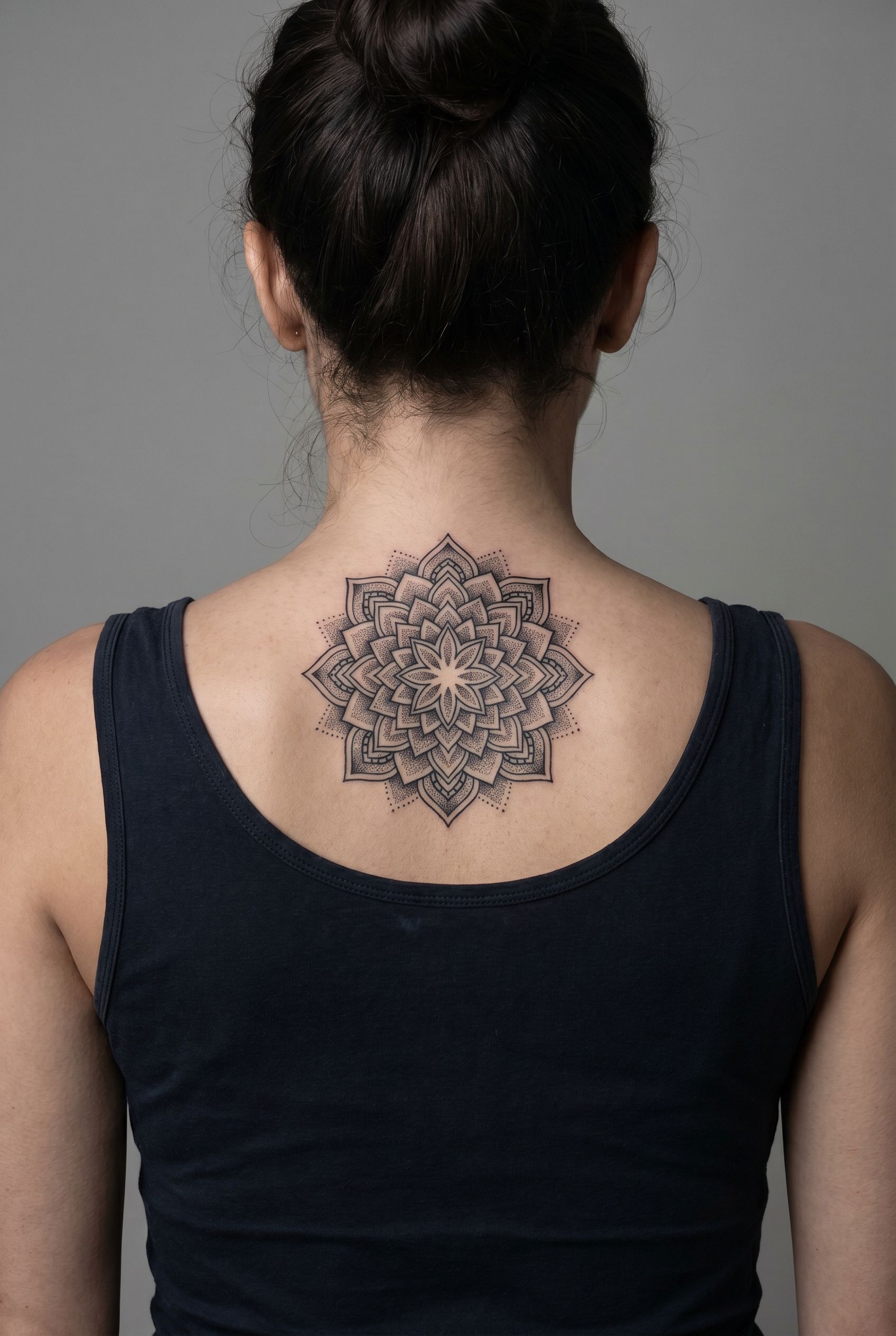 Tatouage mandala central complexe positionne au centre du haut du dos