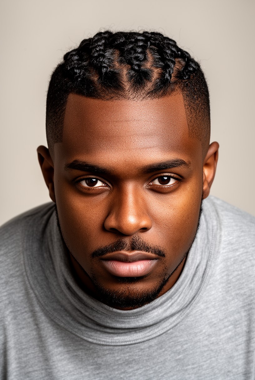 Vue de dessus de cornrows courtes sur quelques centimètres de cheveux