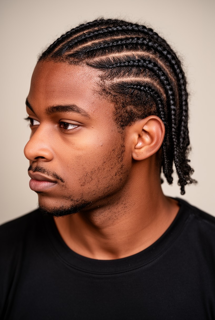 Portrait de profil d'un homme avec des cornrows vers l'arrière