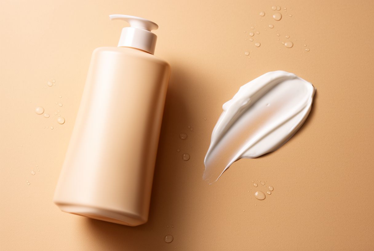 Flacon de crème solaire et texture fluide posés sur un fond beige lumineux