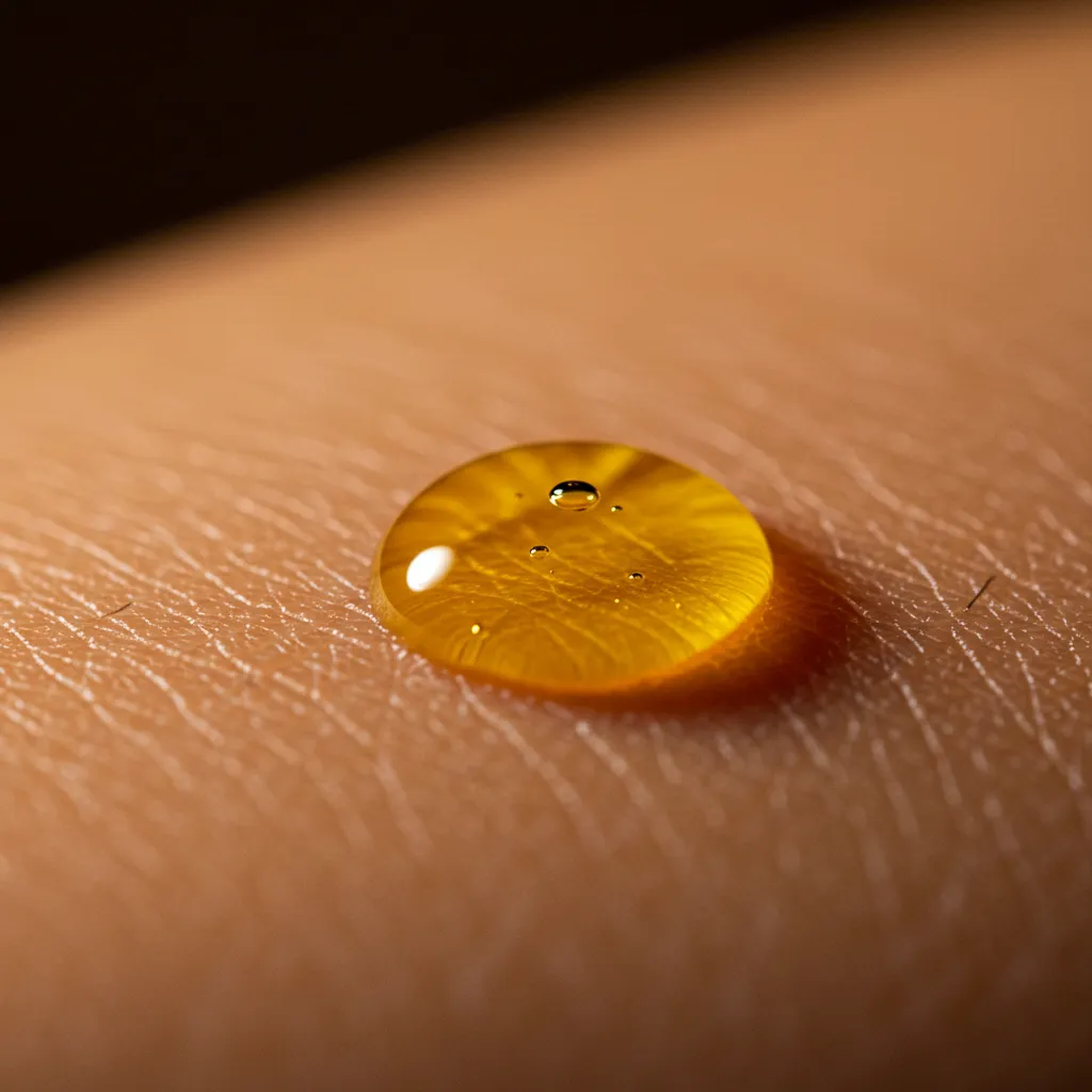 Gouttelette d'huile d'argan sur la peau en gros plan montrant la texture et la pénétration