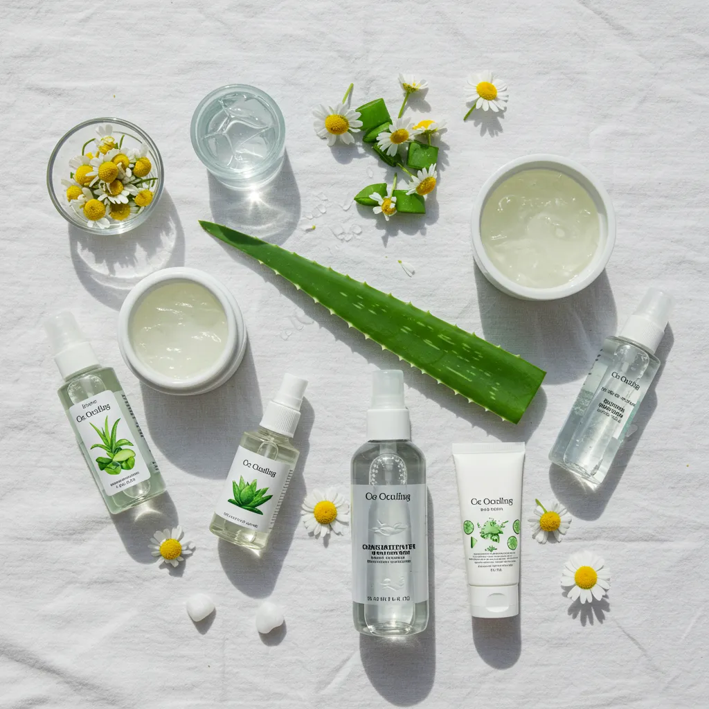 Arrangement des remèdes naturels efficaces contre les boutons de chaleur : gel d'aloe vera et eaux florales