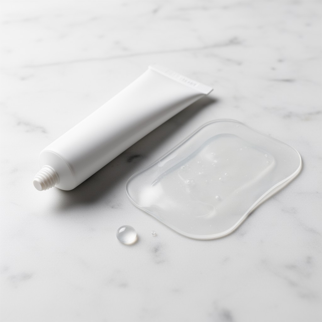 Tube de gel de silicone sans étiquette et pansement siliconé transparent sur un plan clair