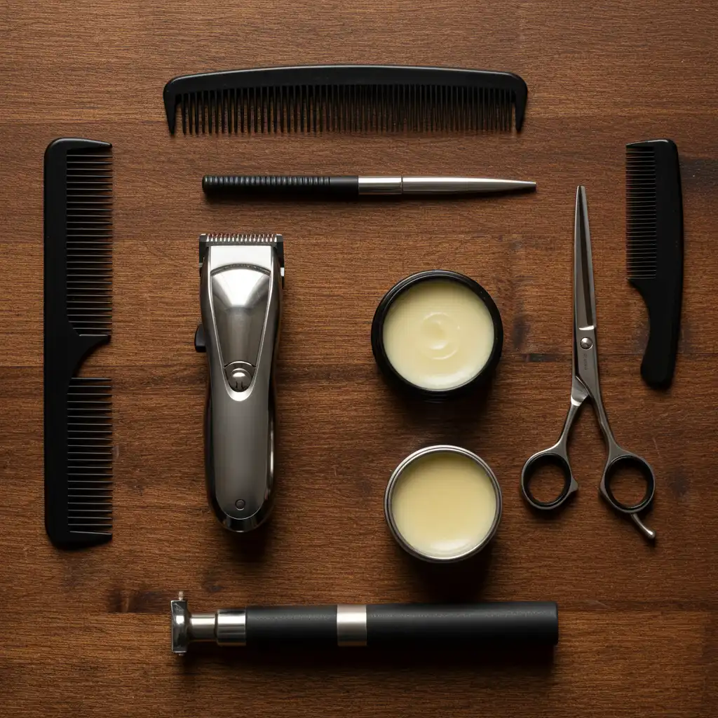 Outils de taille et d'entretien pour bouc et barbe disposés sur une surface en bois
