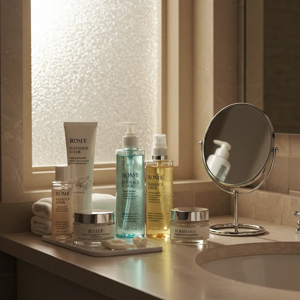 Produits de soin quotidien sur une tablette de salle de bain pour prévenir les points noirs récurrents