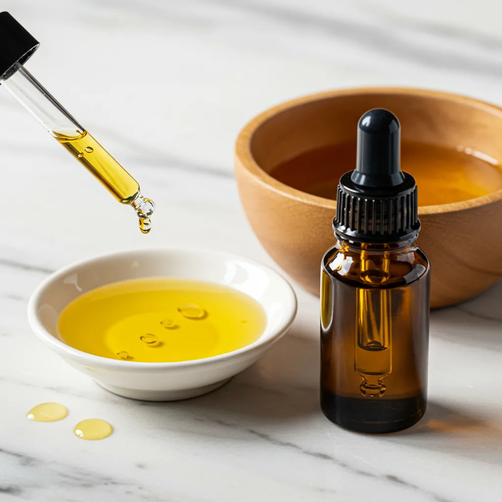 Flacon compte-gouttes d'huile essentielle à côté d'une huile végétale de dilution sur marbre blanc, illustrant la règle de dilution