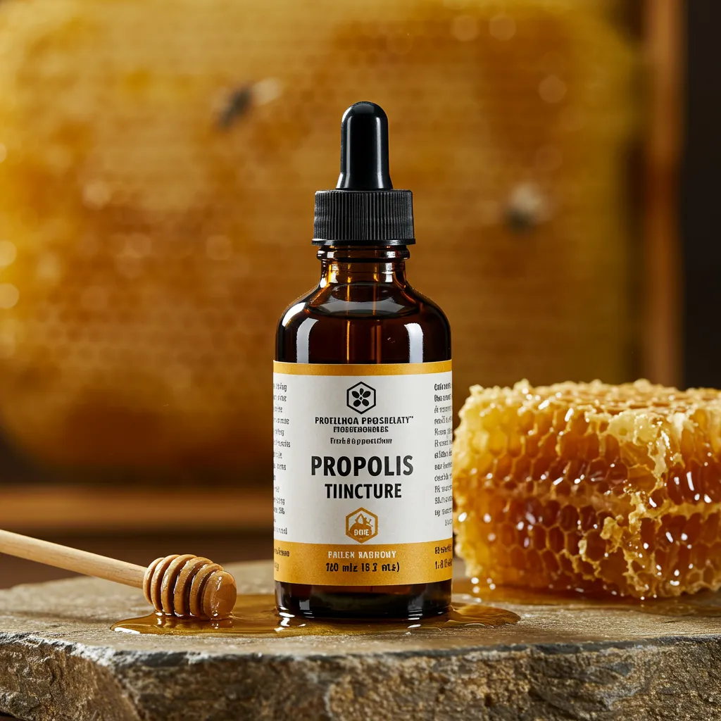 Flacon de propolis noire avec compte-gouttes sur surface naturelle