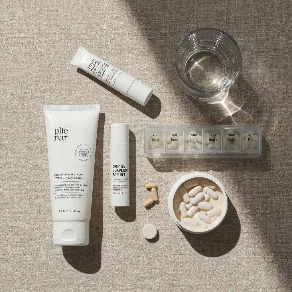 Kit de soins quotidiens pendant une cure d'isotrétinoïne : hydratant, baume à lèvres, écran solaire et pilulier organisés sur tissu en lin