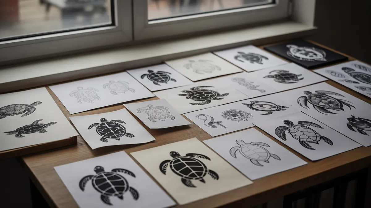 Collection de croquis et illustrations de différents styles de tatouages de tortue sur une table d'artiste