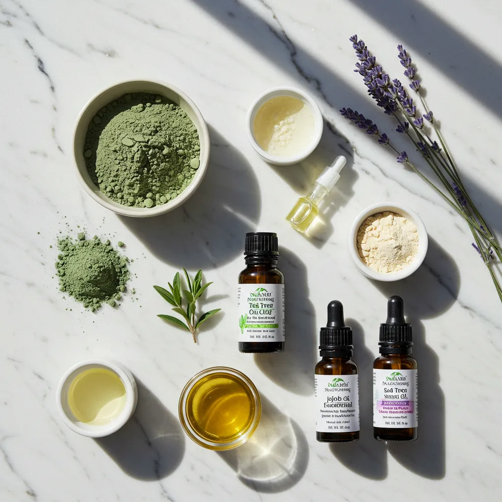 Ingrédients naturels pour réguler le sébum : argile verte, huile d'arbre à thé, niacinamide et huiles végétales