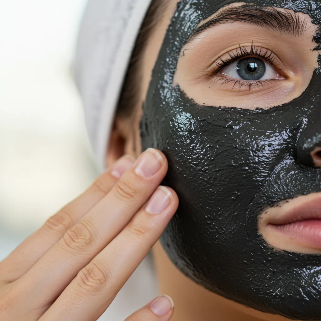 Application d'un masque au charbon actif noir sur le visage pour purifier les pores en profondeur
