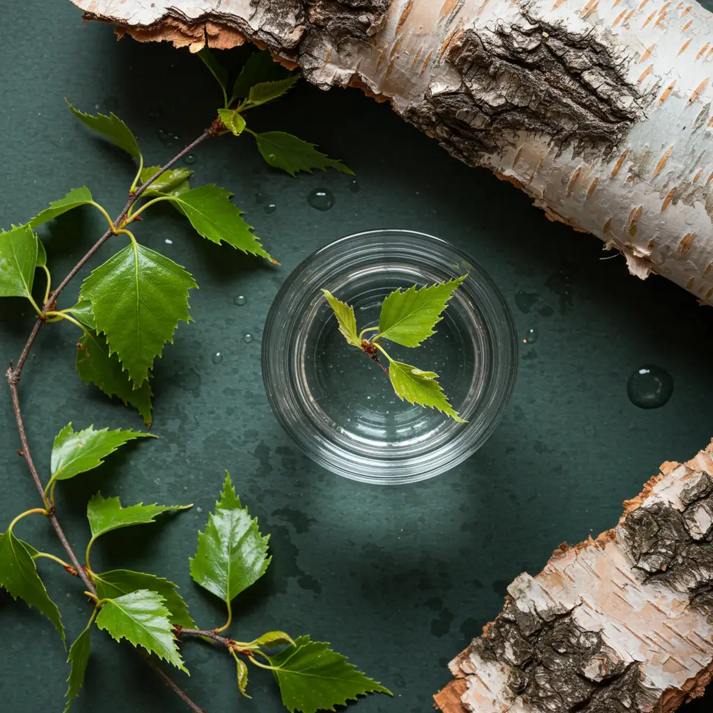 Eau de bouleau transparente dans un verre avec feuilles de bouleau frais, vue de dessus