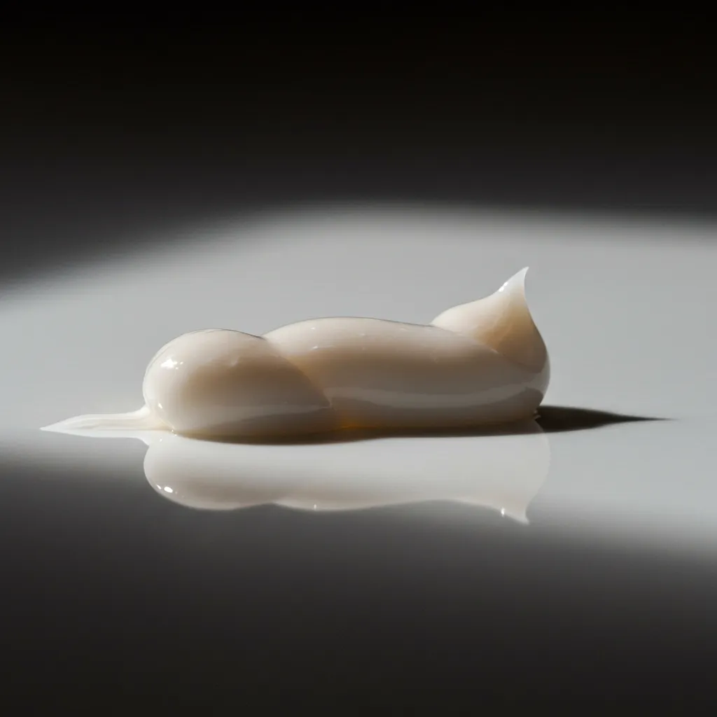 Gros plan sur la texture concentrée et crémeuse d'un dentifrice premium sur surface céramique blanche