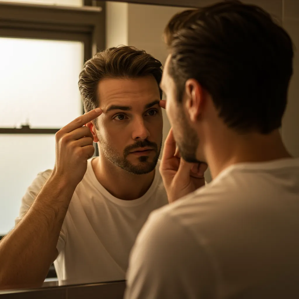 Homme vérifiant ses sourcils dans un miroir de salle de bain lors de sa routine de grooming matinale
