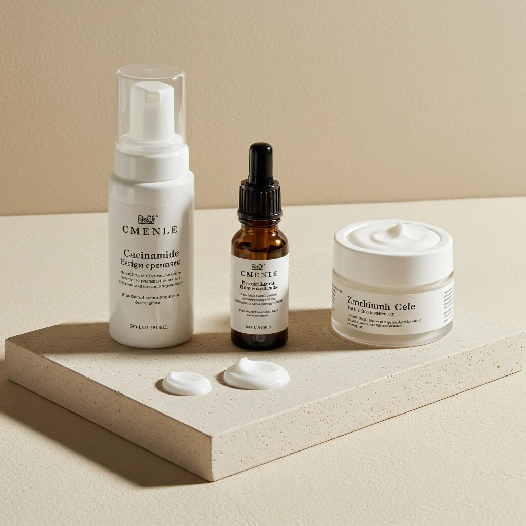 Routine de soins pour peau grasse avec actifs séborégulateurs comme la niacinamide et le zinc