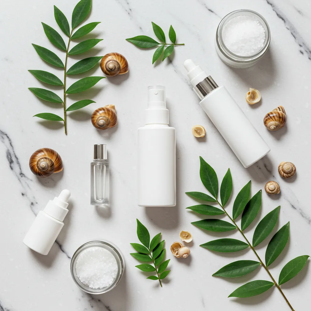 Sélection de soins cosmétiques à la bave d'escargot présentés avec des coquilles et des feuilles botaniques