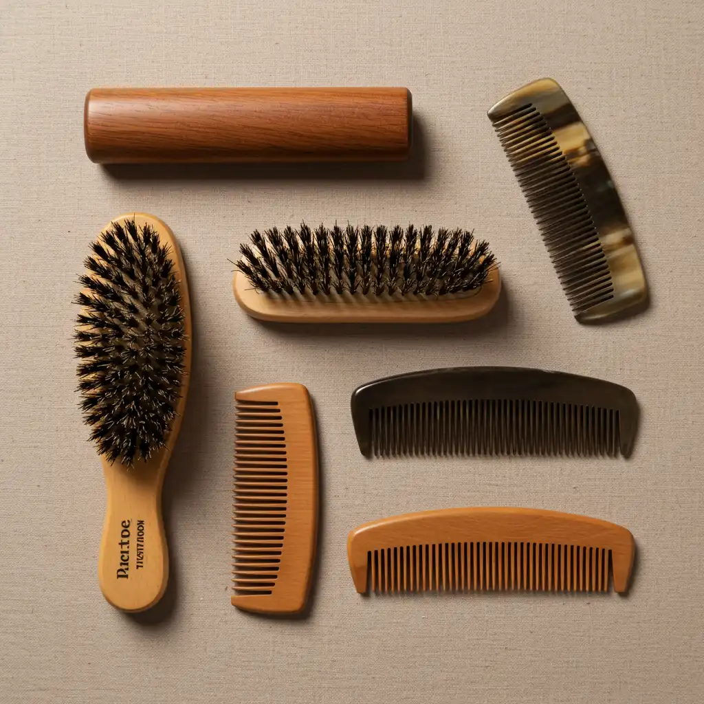 Arrangement de différentes brosses et peignes pour barbe en poils naturels et bois