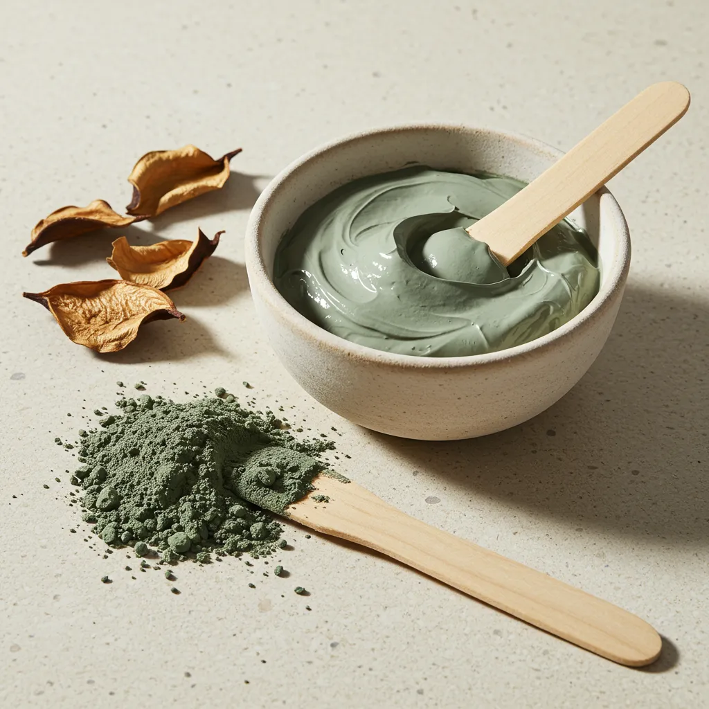 Masque à l'argile verte en bol céramique avec spatule en bois pour purifier les pores dilatés