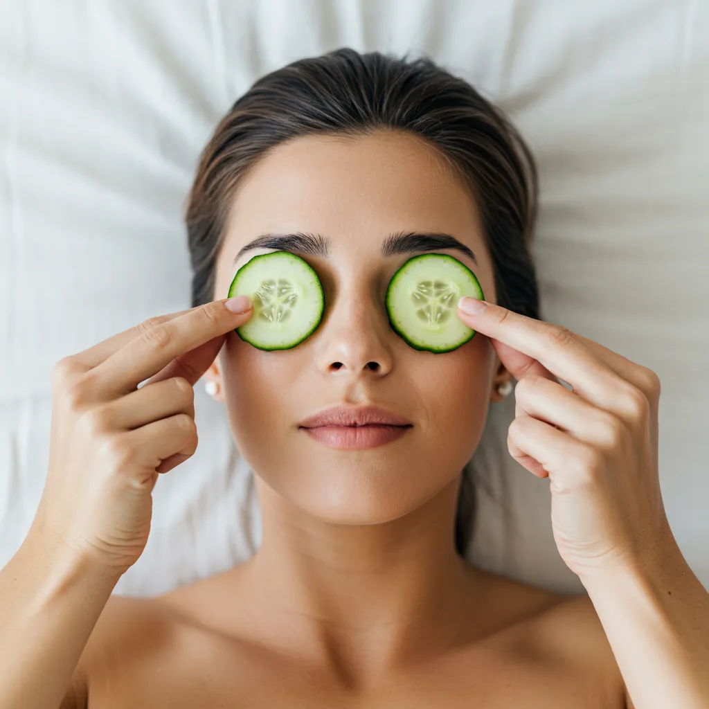 Femme appliquant des rondelles de concombre frais sous les yeux comme remède naturel contre les poches
