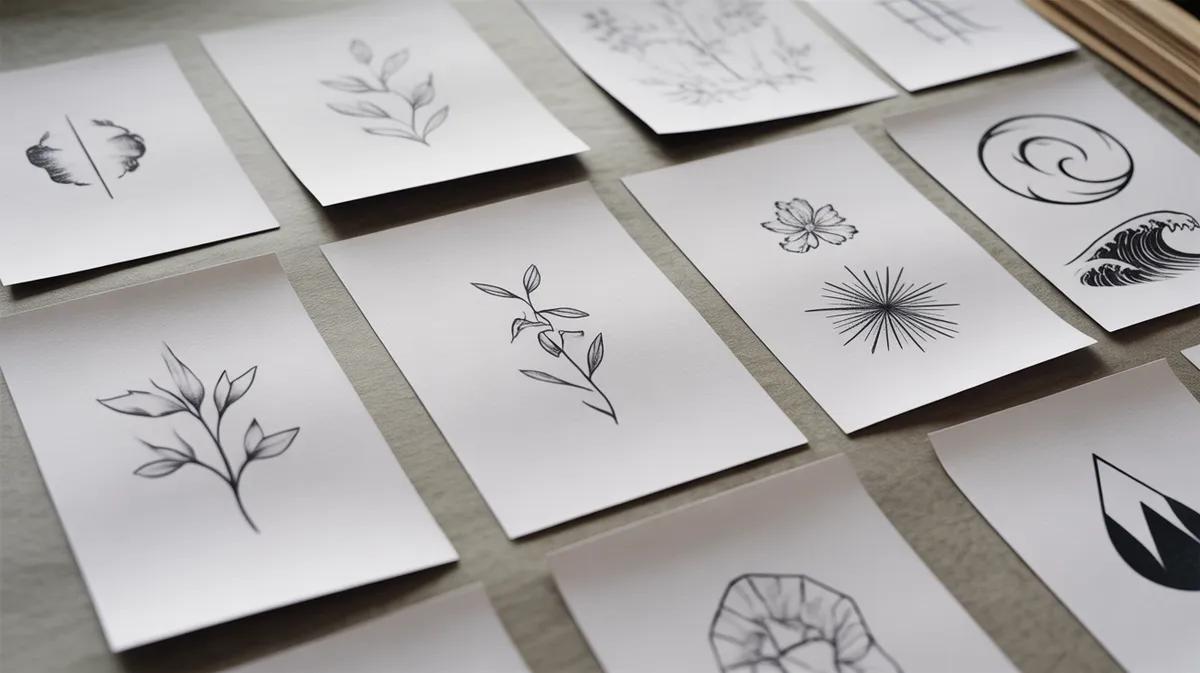Composition artistique montrant plusieurs designs de tatouages minimalistes tendance pour 2026