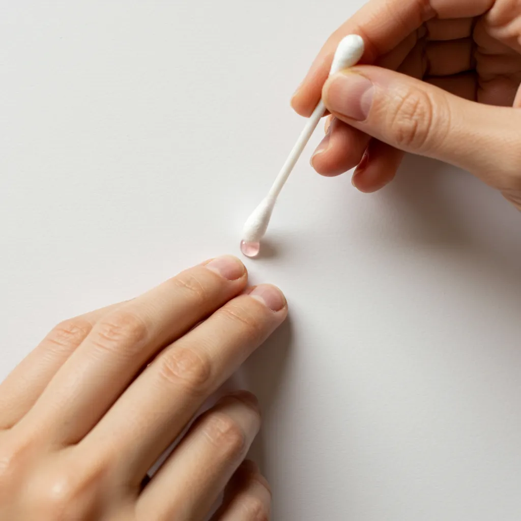 Application précise d'une solution antiseptique sur un bouton à l'aide d'un coton-tige, illustrant le bon geste d'utilisation de l'Hexomédine
