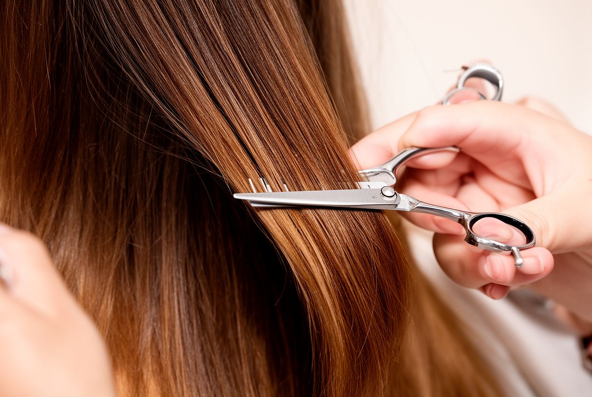 Ciseaux de coiffure coupant les pointes de cheveux longs à la maison