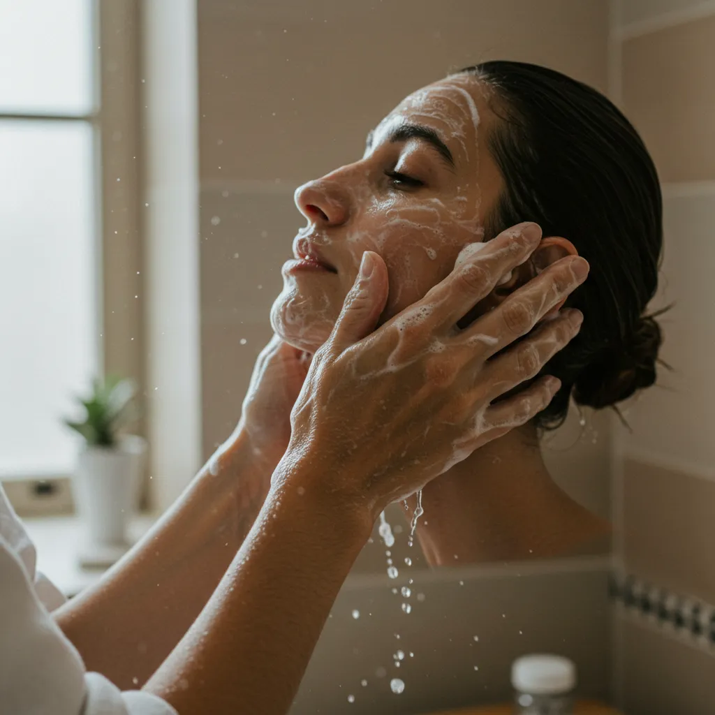Utilisation quotidienne du savon d'Alep : mousse créée lors du nettoyage du visage avec les mains