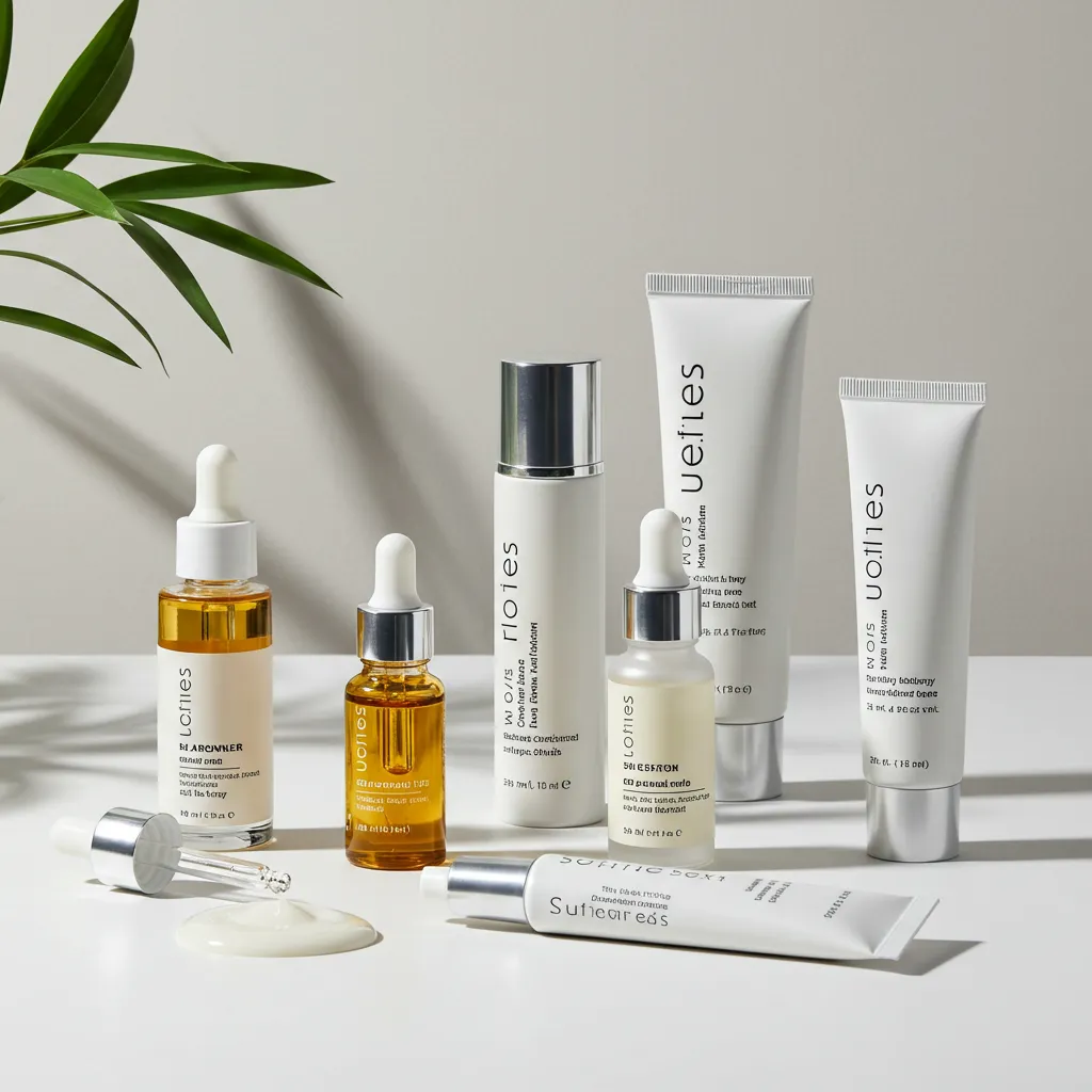 Sérums et crèmes en flacons minimalistes alignés sur une surface blanche, représentant les différentes gammes de soins