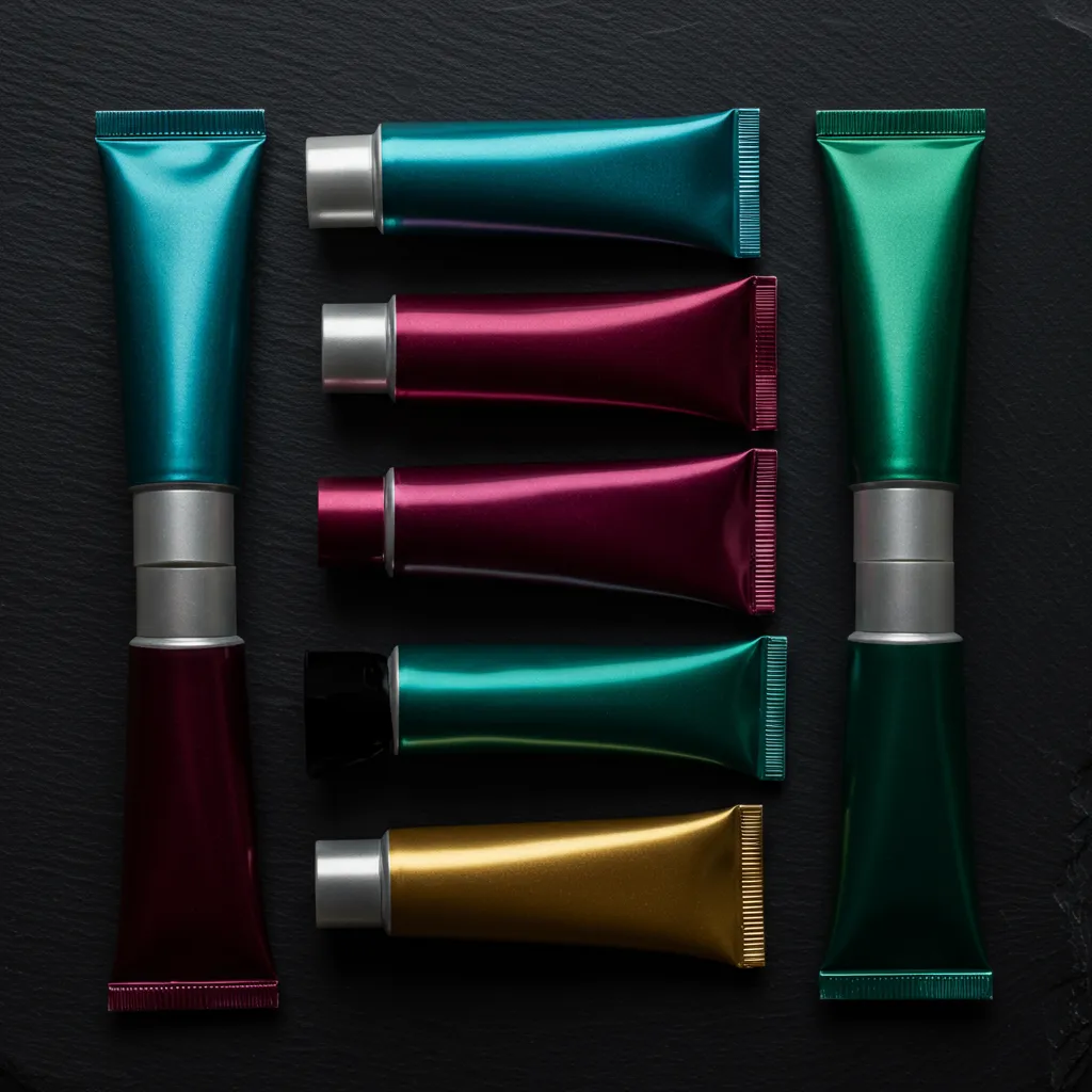Rangée de tubes de dentifrice en métal de différentes couleurs vus de dessus sur ardoise sombre, comparaison des variantes