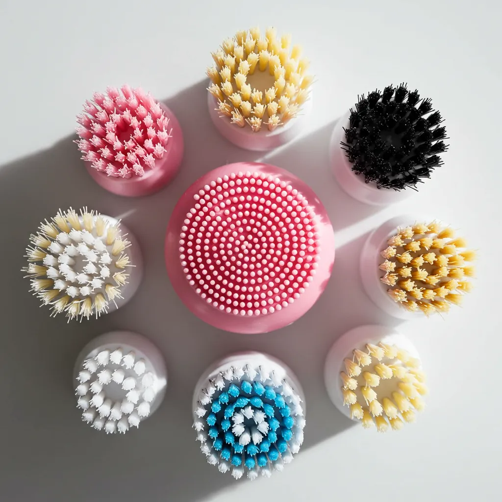 Gros plan détaillé des têtes de brosse nettoyante avec différents types de poils