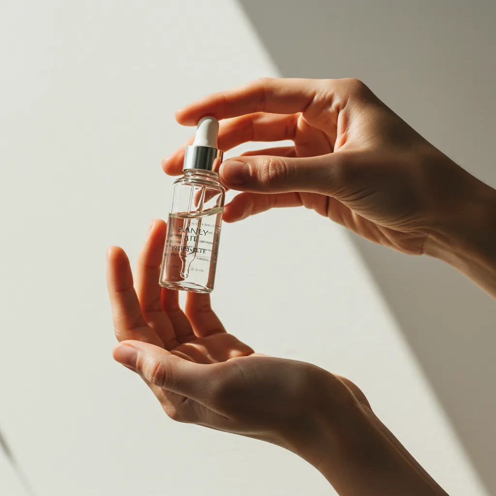 Mains tenant un flacon de sérum en verre à la lumière naturelle pour illustrer la transparence des formules