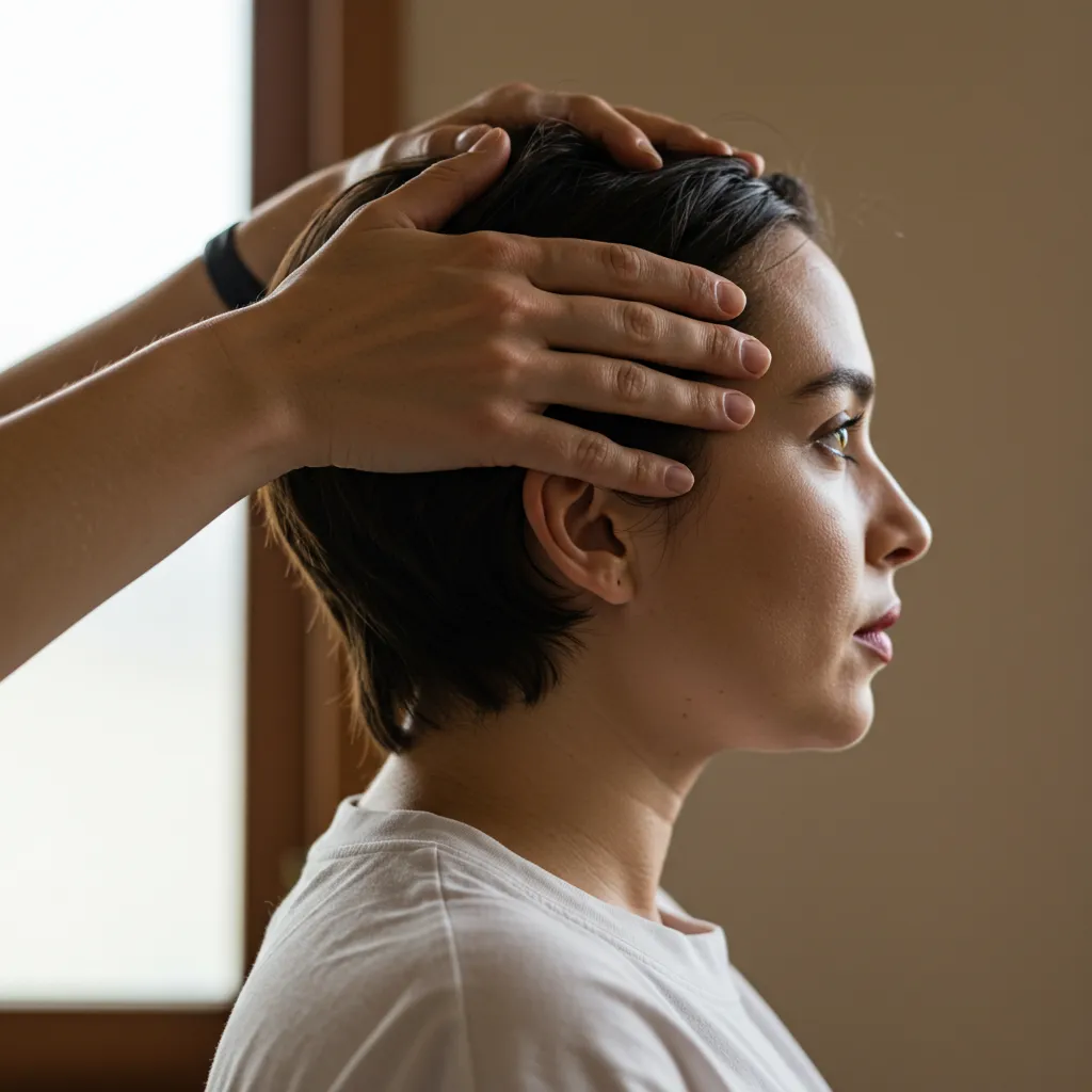 Photographie d'une personne effectuant un massage ou traitement du cuir chevelu avec les mains