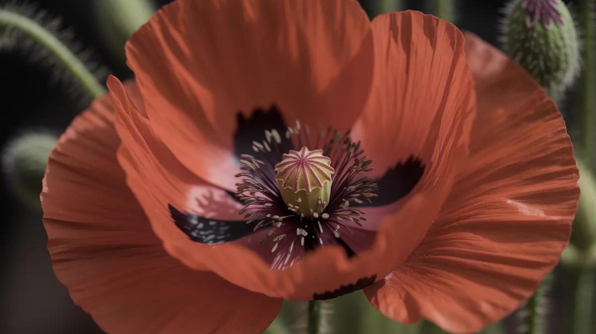 Gros plan détaillé d'un coquelicot rouge montrant les étamines et la texture des pétales