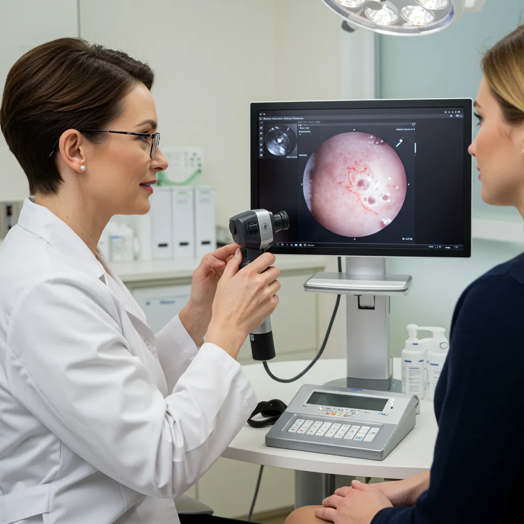 Dermatologue utilisant un dermatoscope numérique relié à un écran lors d'une consultation de dépistage précoce du mélanome