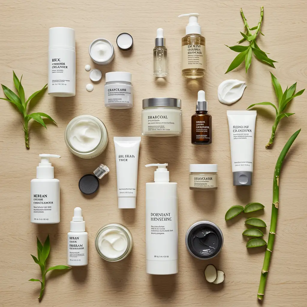 Sélection de soins cosmétiques adaptés à différents types de peau, incluant des produits au charbon actif