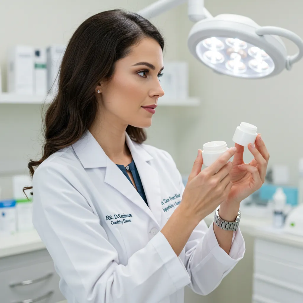 Dermatologue examinant un soin cosmétique à la bave d'escargot en cabinet médical