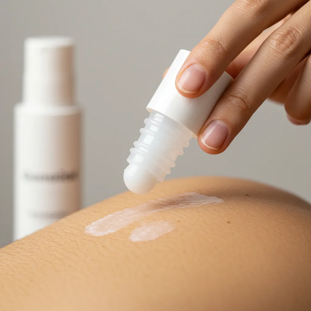 Application d'un roll-on d'huile essentielle sur la peau en geste de soin