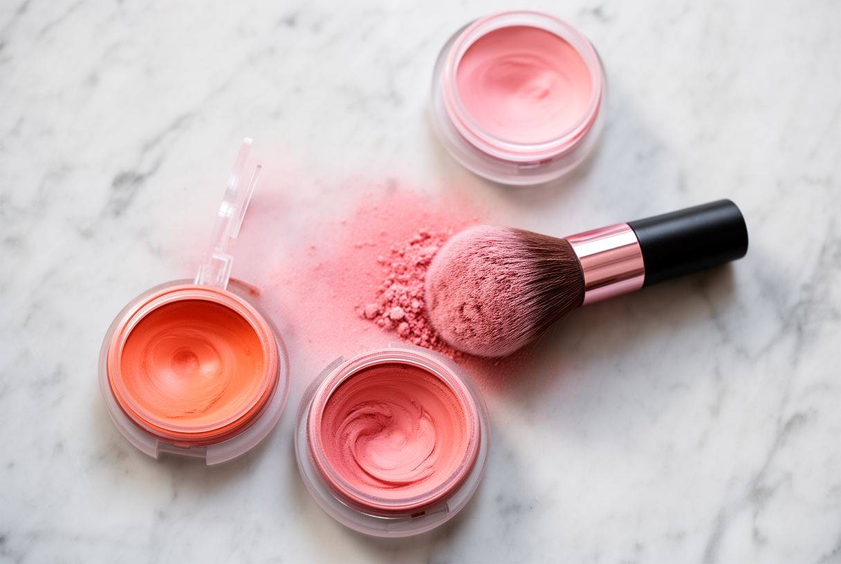 Pinceau à blush et textures crème roses et corail posés sur un plan en marbre