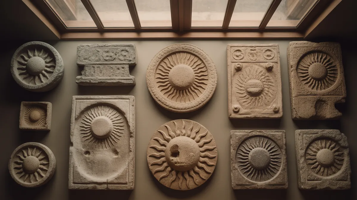 Composition artistique montrant des symboles solaires historiques et des motifs anciens gravés