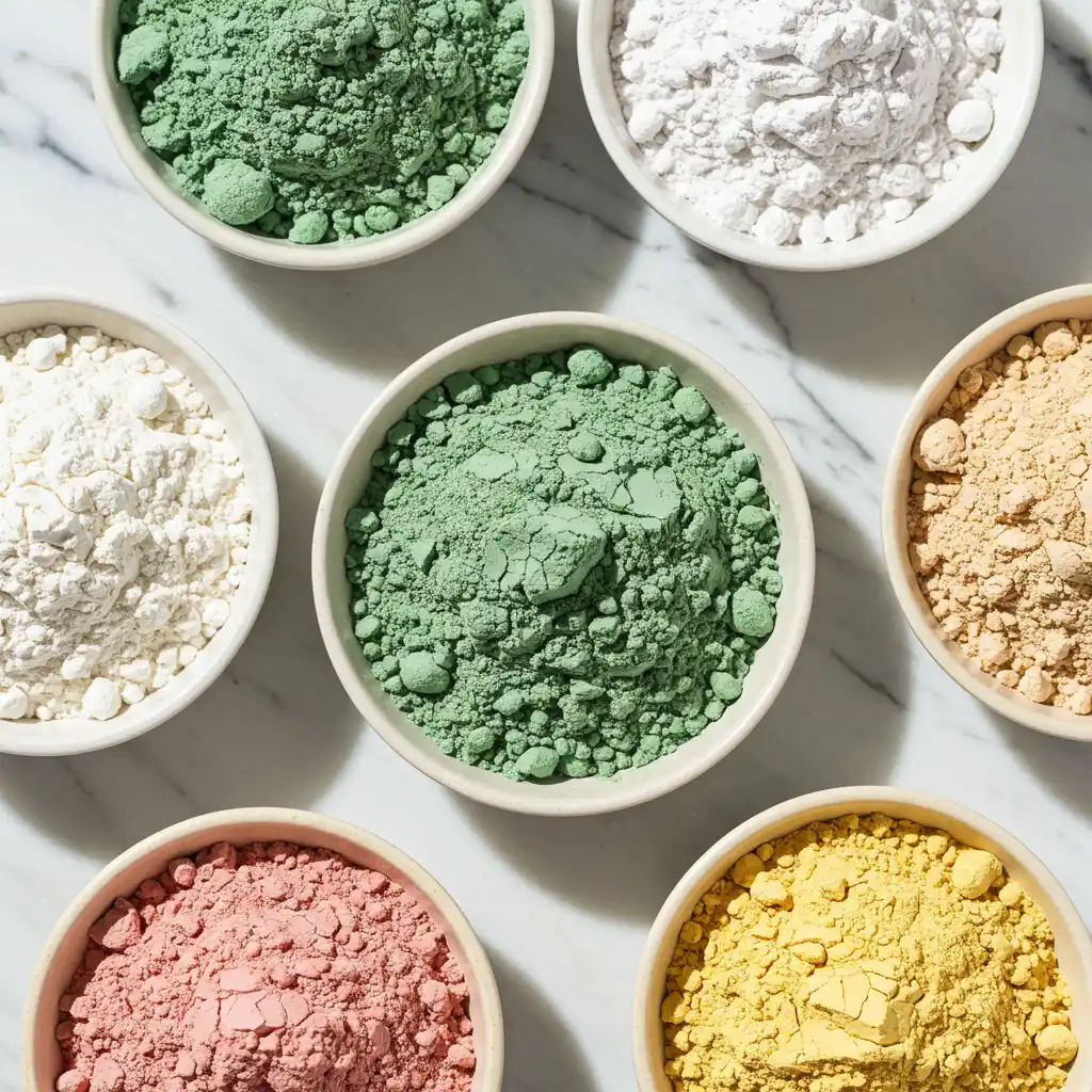Différents types d'argiles cosmétiques en poudre dans des bols en céramique : argile verte, blanche, rose et jaune comparées