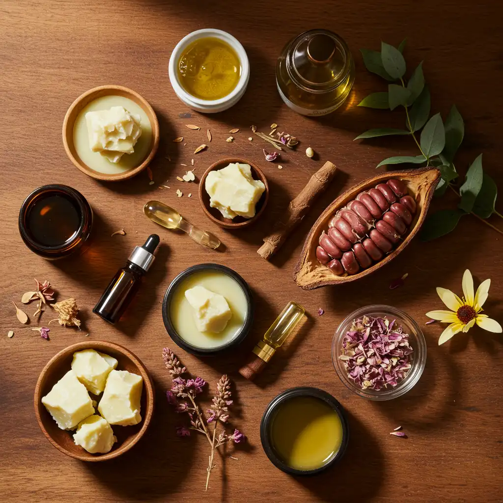 Ingrédients naturels pour soins des lèvres incluant beurre de cacao et huiles essentielles