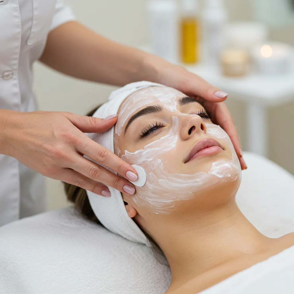 Gros plan d'un soin du visage en cours avec application de produit cosmétique par une esthéticienne