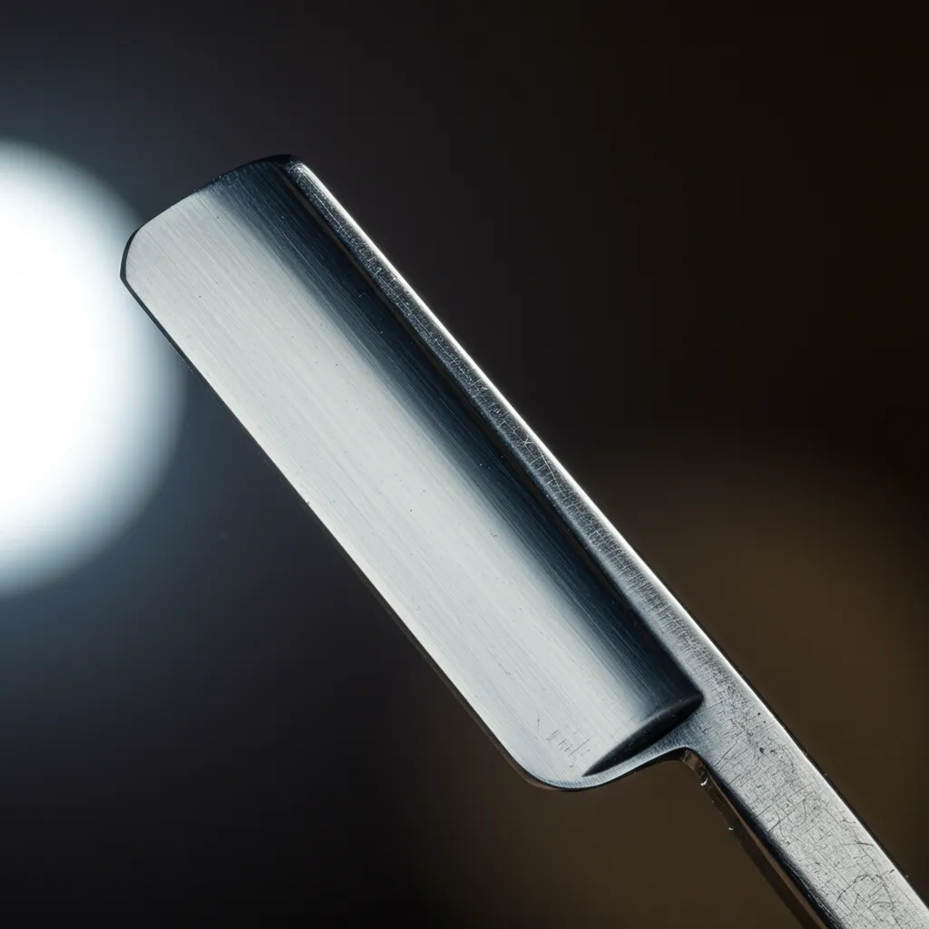 Gros plan sur le fil d'un rasoir droit révélant la finesse du tranchant et le reflet de la lumière sur l'acier