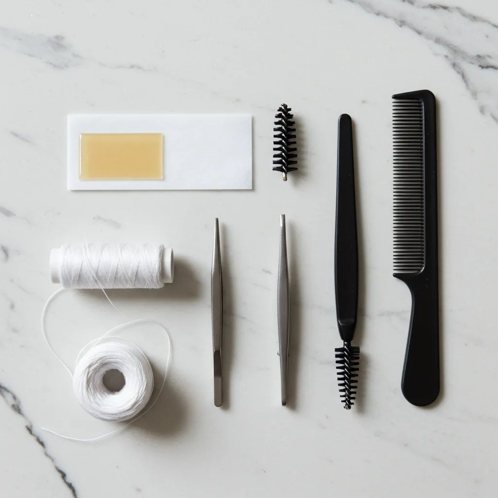 Comparaison des outils d'épilation des sourcils : fil de coton, pince à épiler et cire disposés sur une surface marbre blanche