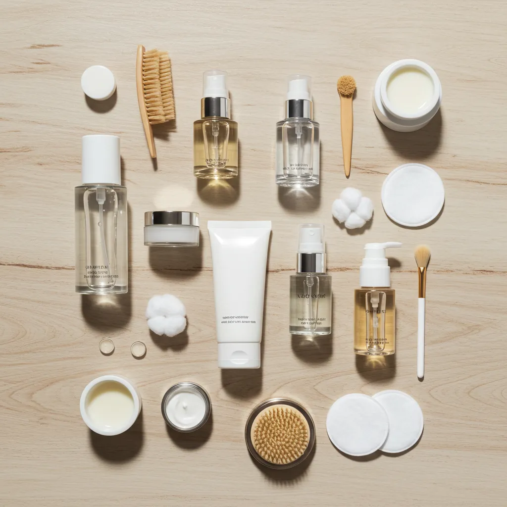 Arrangement de produits de beauté et de soins cosmétiques sur une surface claire vue de dessus